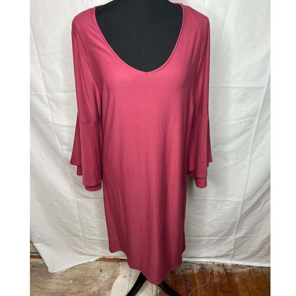 Allison Brittney Women XL Berry Pink Tiered Bell Sleeve Scoop Neck Shift Dress